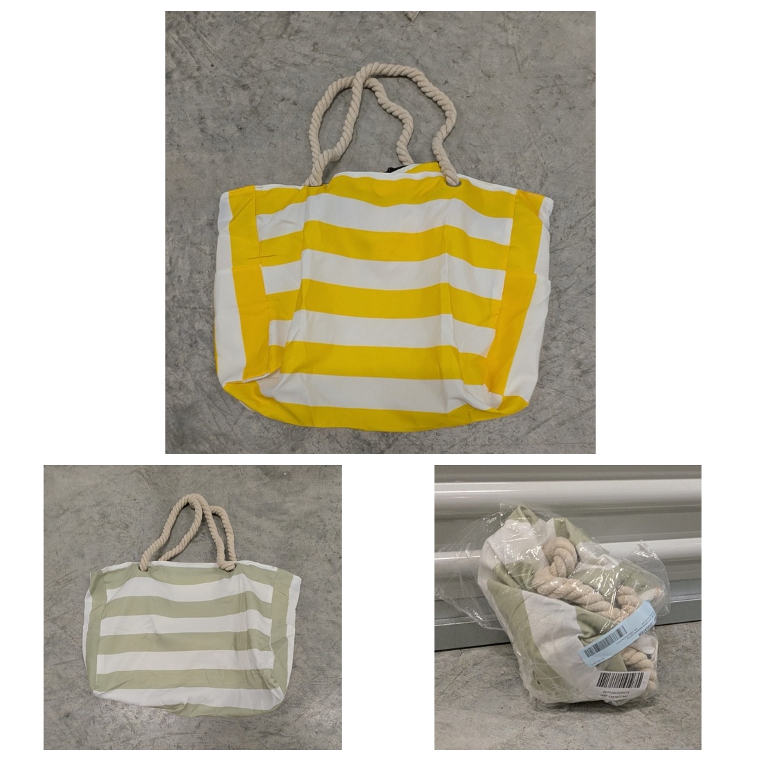 Canvas Beach Tote Bags with Rope Handles, Set of 3 — Yellow, Sage & Natural